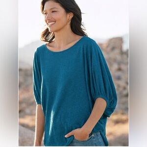 NWT Garnet Hill organic linen puff sleeve knit tunic Teal Blouse, small